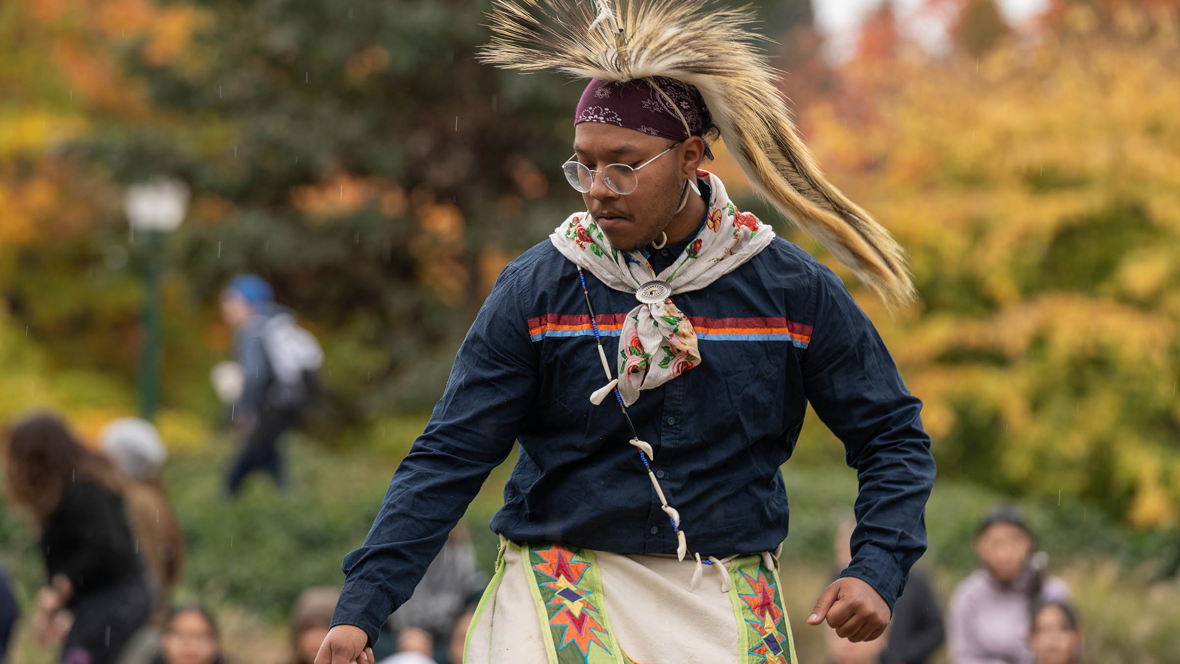 Student dances at the annual Indigenous Peoples' Day flag-raising ceremony at the Erb Memorial Union.