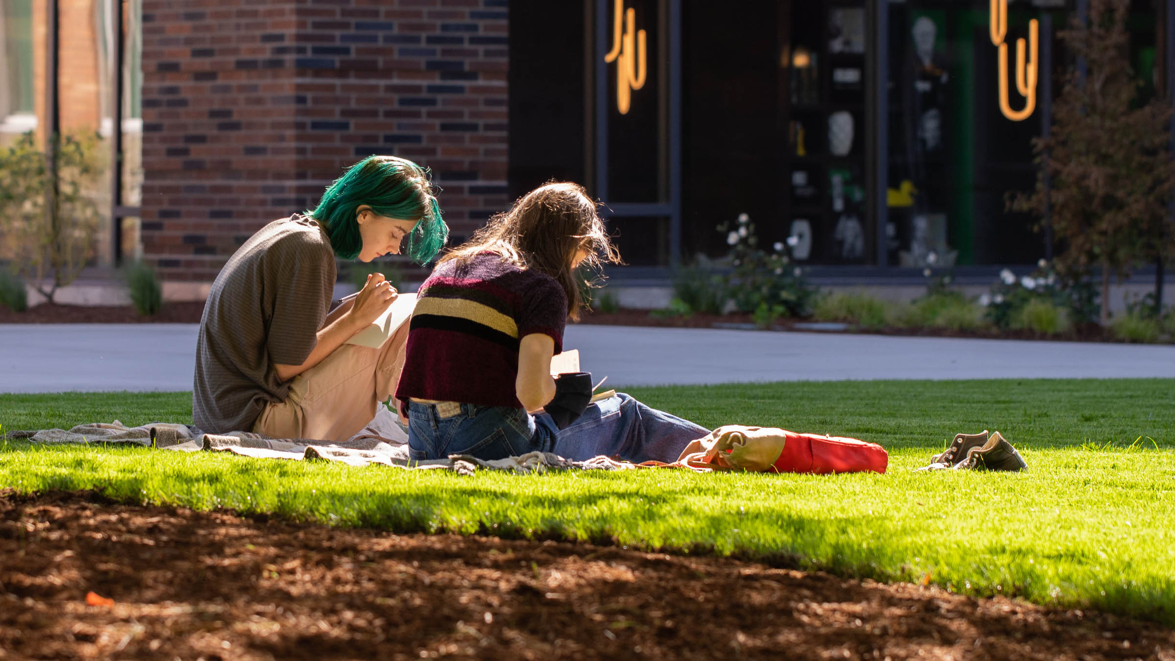 Students doing homework on the lawn in front of Unthank Hall on a sunny day