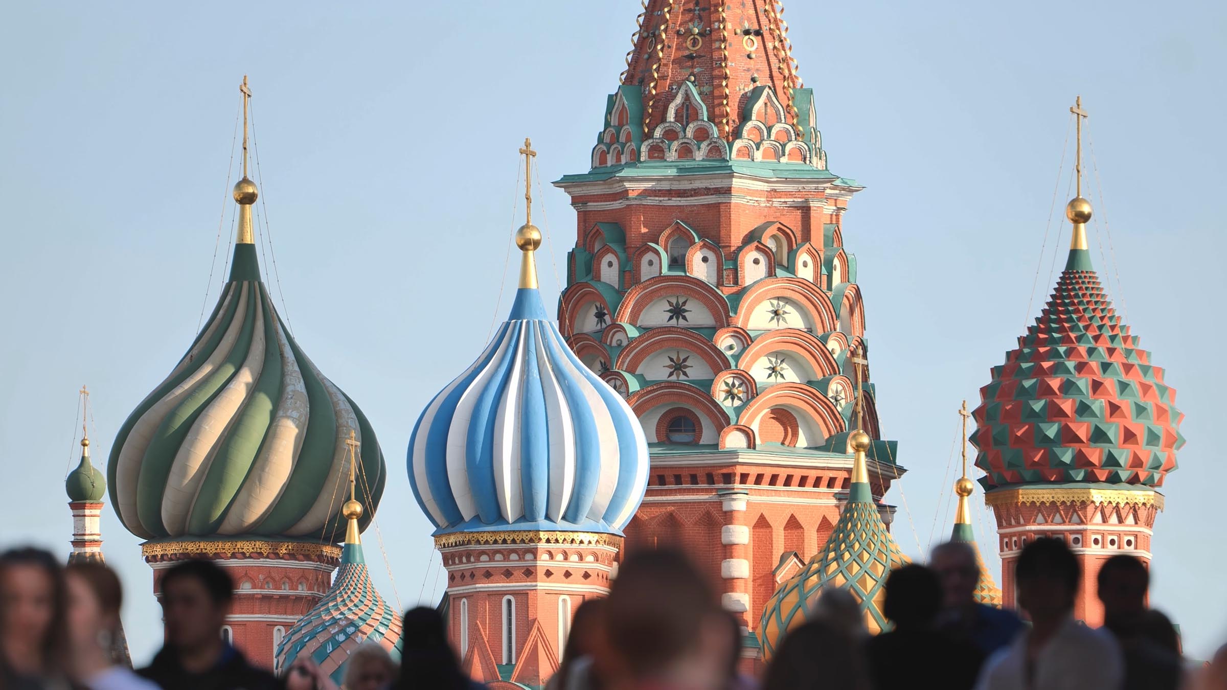The colorful domes and spire of Saint Basil's Cathedral in Moscow