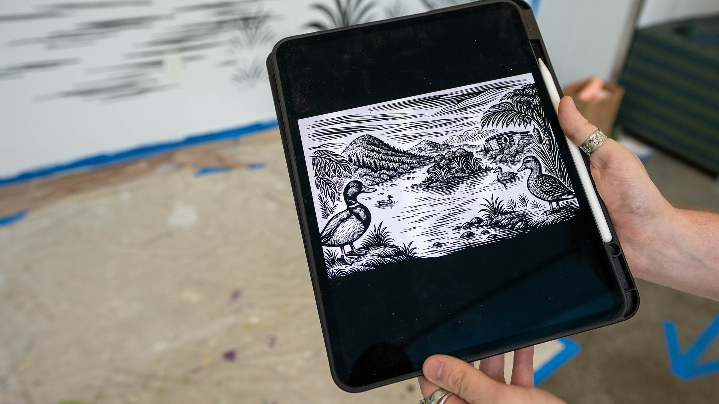 Student shares a digital illustration of ducks in front of Autzen Stadium that they are translated into a mural on campus
