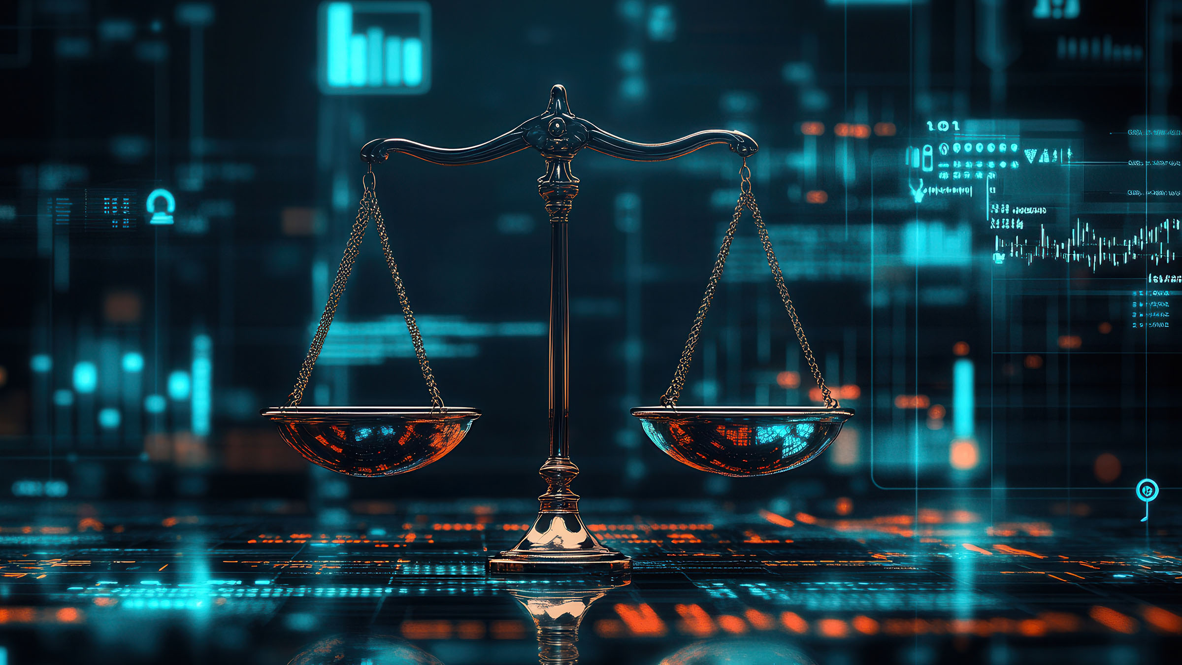 Balanced scales in front of digital analytics displays
