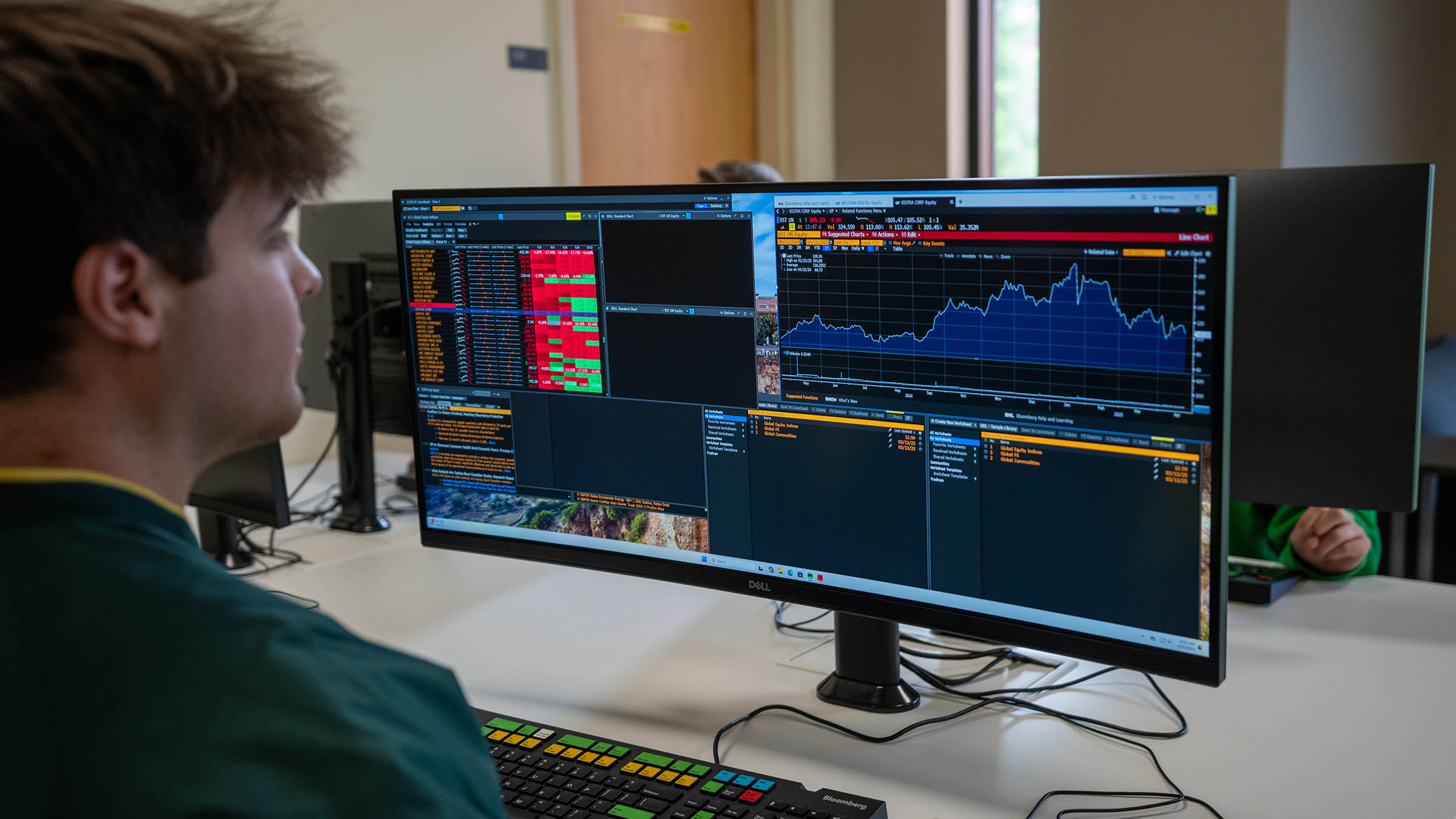 Student working with financial analytics and market data tools in an accounting and finance lab