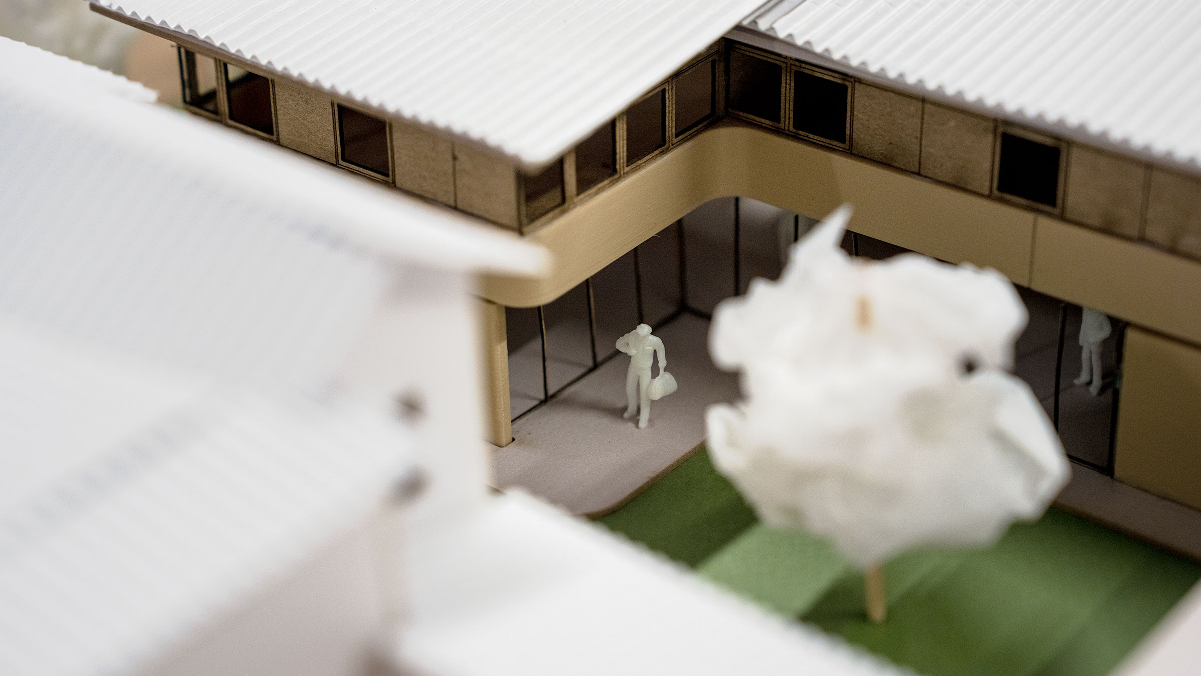 Scale model of a courtyard, demonstrating environmental design principles for integrating built spaces with the natural environment