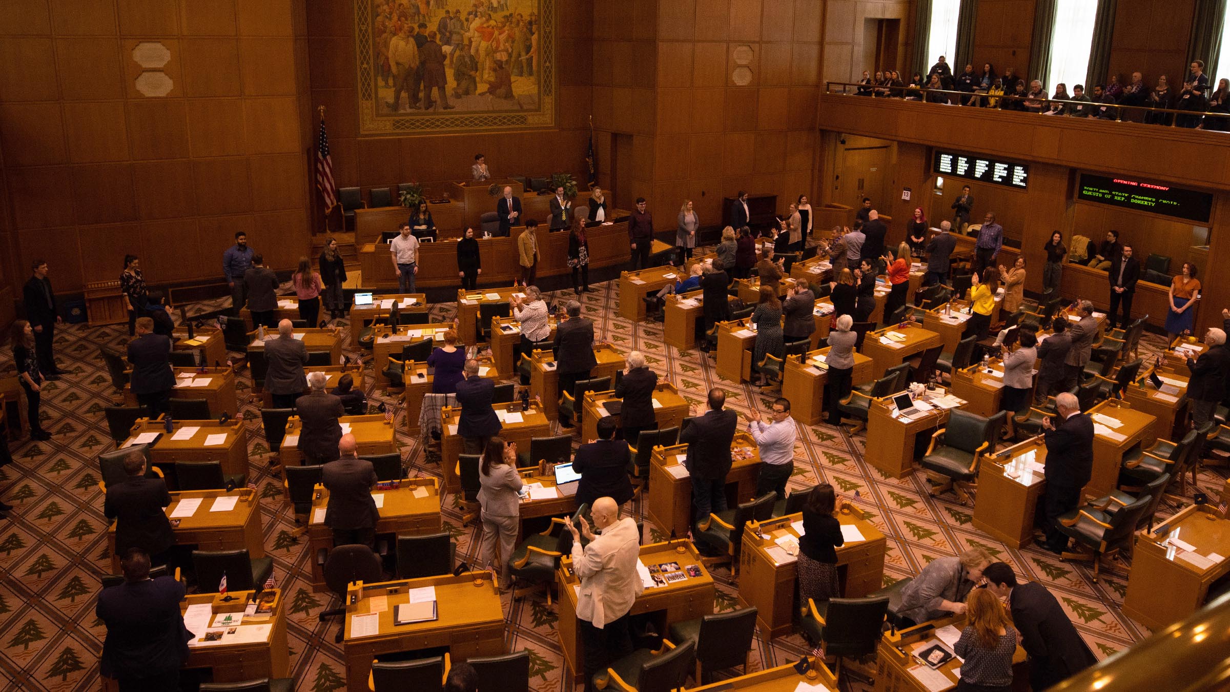 Meeting of legislators in the House of Representatives chamber at the Oregon State Capitol