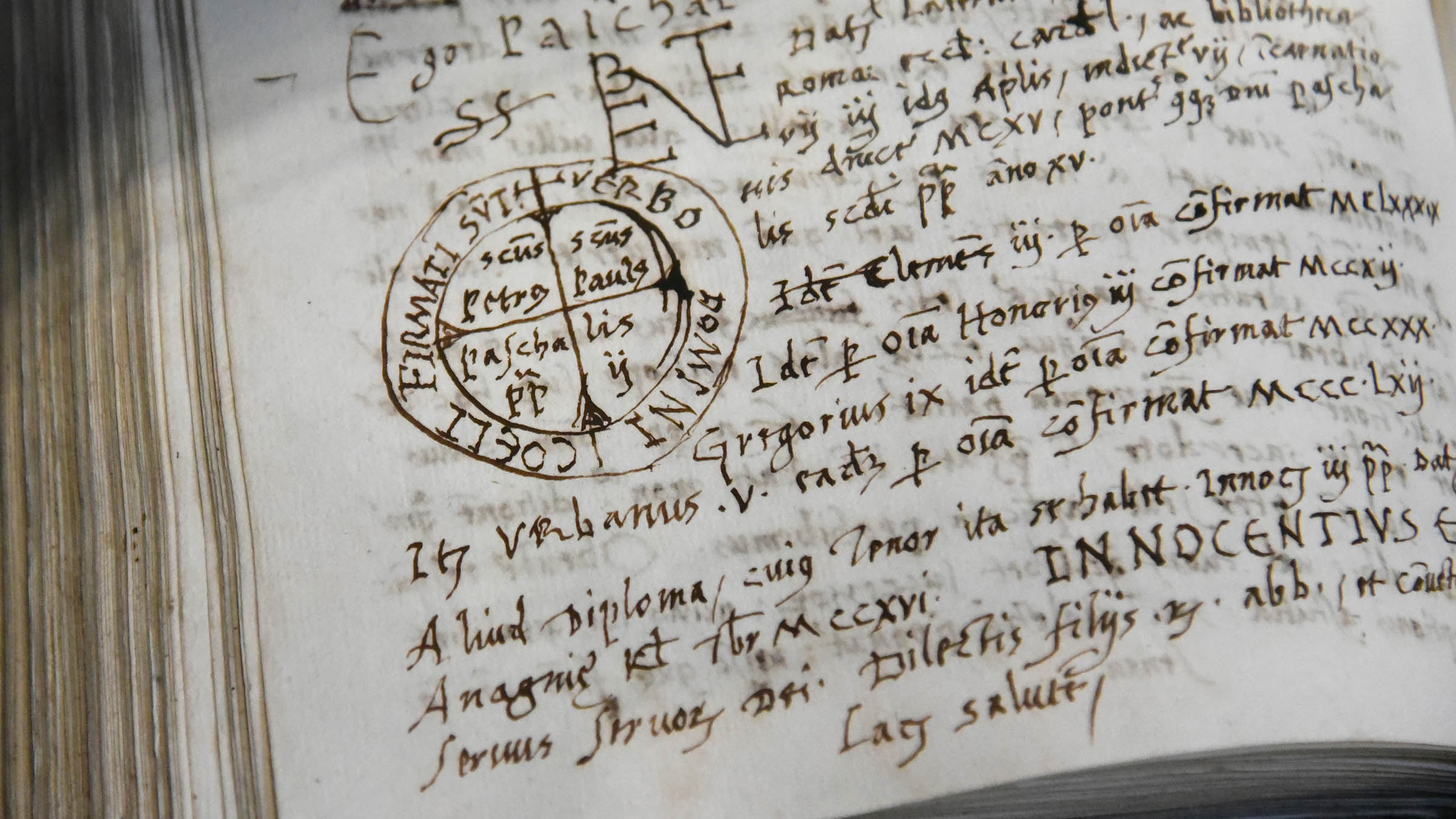 Close-up of 1500s manuscript in latin written by Benedictine monks