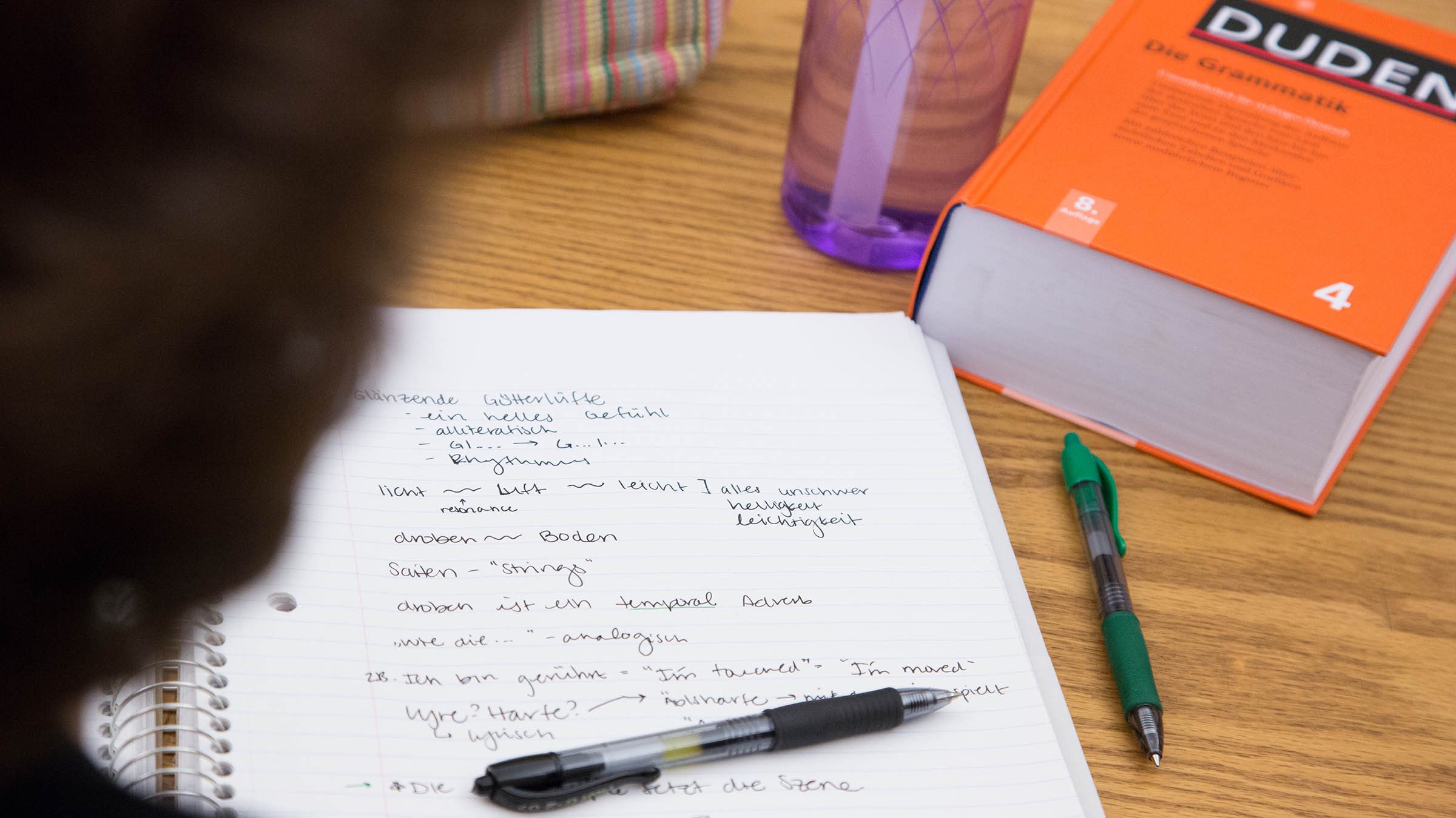 Open notebook with notes beside a German dictionary