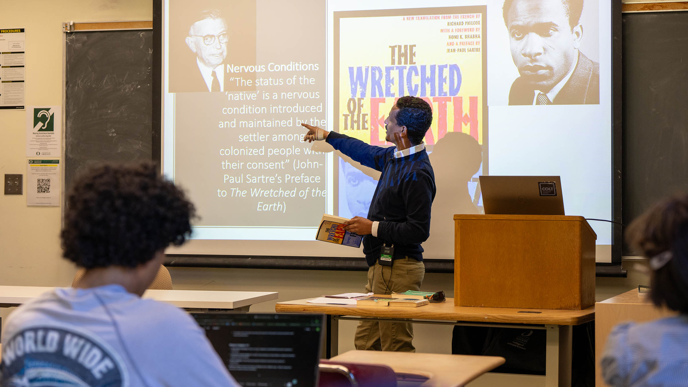 Faculty member lecturing in a comparative world literature course