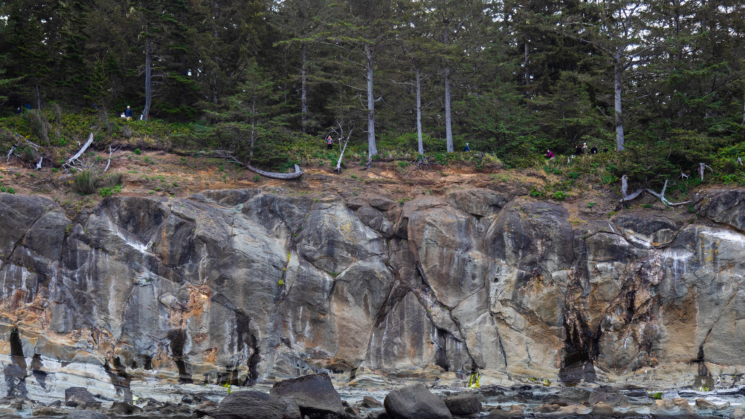 Class exploring rock formations along the Oregon coast