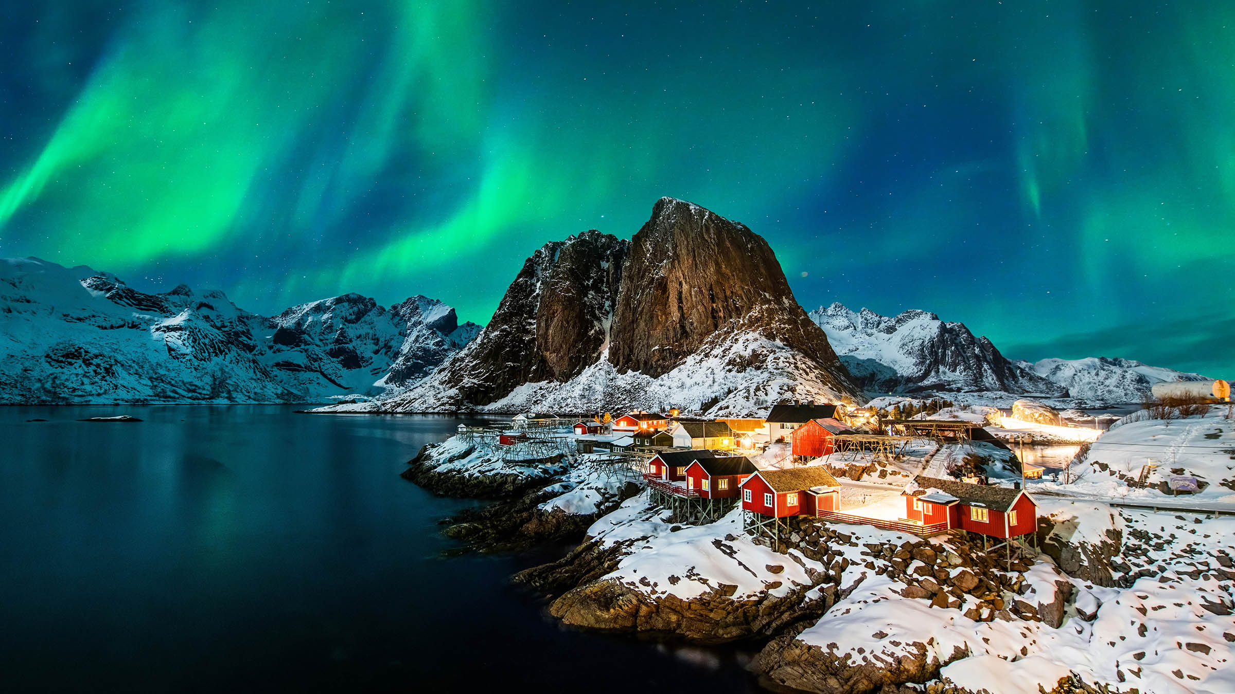 Aurora borealis over Hamnoy in Norway